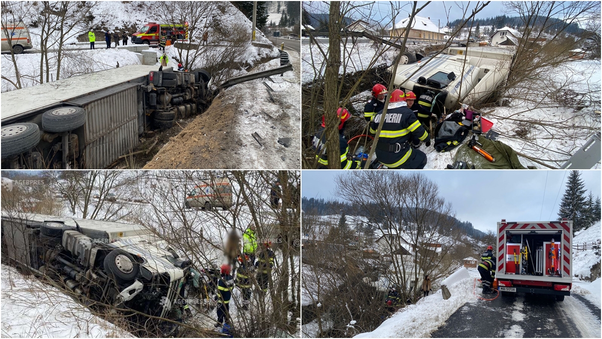 Şofer de TIR, salvat de pompieri după ce s-a răsturnat la Valea Putnei
